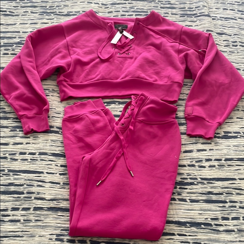 NEW! Victoria’s Secret Lace-Up Sweatshirt and Jogger Pants Set in Magenta color